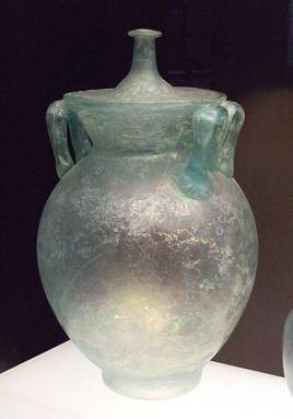 Cinerary Urn, Roman. C. 1st century CE. Blown glass. National Archaeological Museum, Spain. Photo: Luis Garcia Zaqarbal